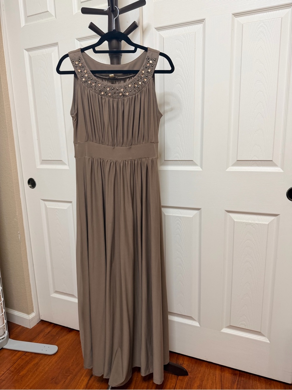 Beaded Neckline Taupe Maxi Dress - Sleeveless Evening Gown